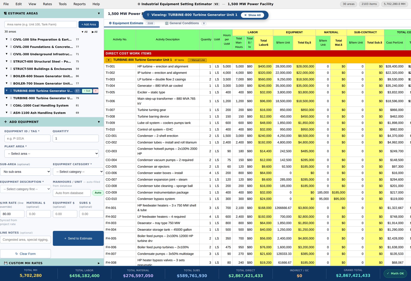 IESE Sheet View — the 1,500 MW Power Facility example estimate open in the app